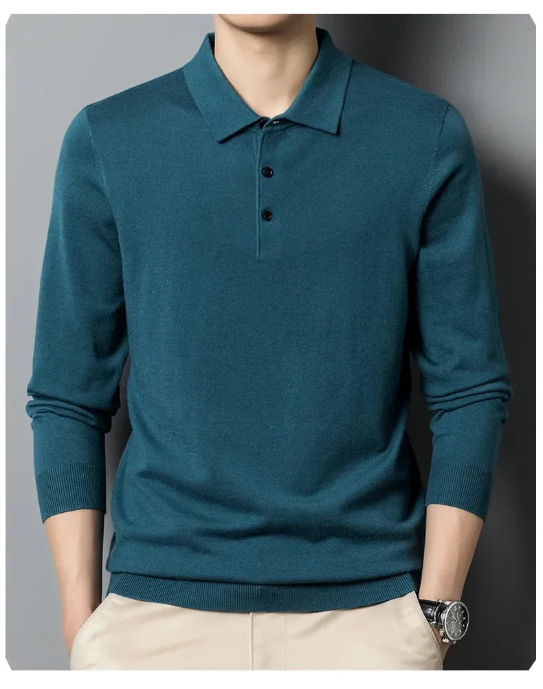 Men's Autumn Long-Sleeved Wool Blend Solid Color Polo Pullover Sweater with Lapel, Casual Bottoming Sweater -Sizes M-4XL
