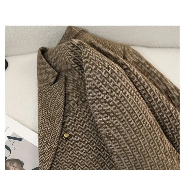 Autumn Winter New Chic Blazer Coats Women's Woolen Jackets Long Sleeve Notched Vintage Thick Outerwears Elegant Female Clothes