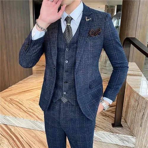 Men's Suit 3 Piece, Business Casual Jacket Vest with Trousers, Gray Dark Brown Slim Fit Suit, Asian Size M-5XL