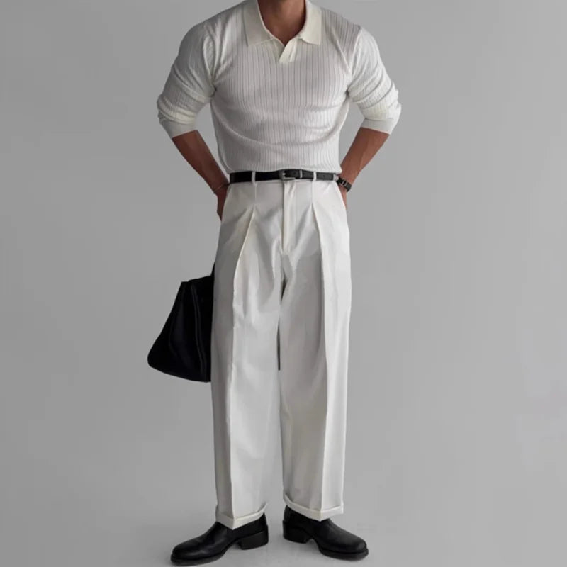 Men's Fashion Luxury V-neck Knitted Jacquard Polo Shirt Solid Color Long-sleeved Korean Popular Leisure Knitwear 2025 New Autumn