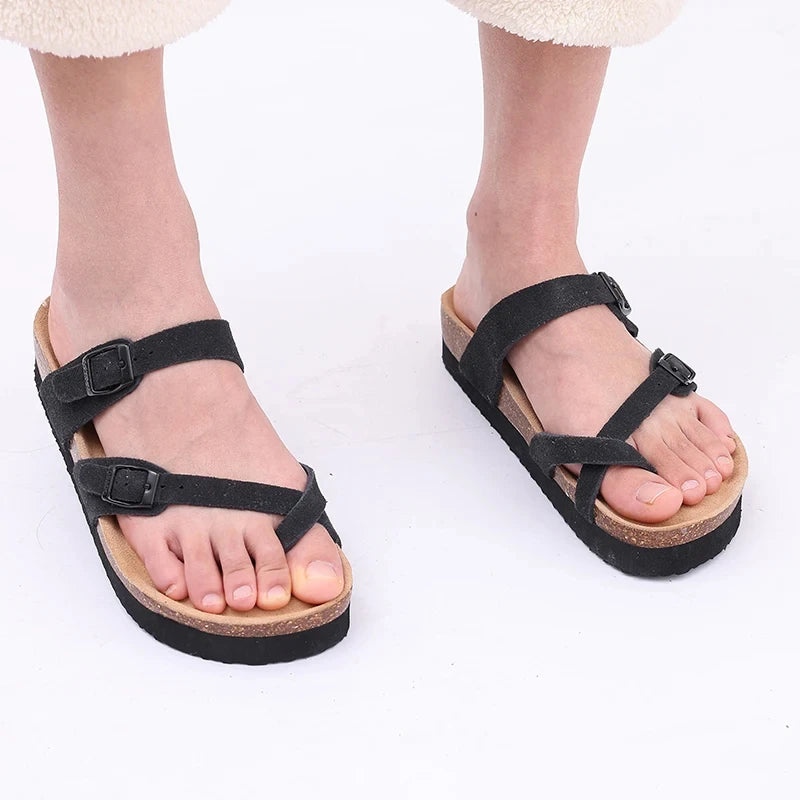 Litfun Cork Footbed Beach Sandals For Women Men Fashion Thick Sole Cork Slippers Summer Beach Shoe Classic Open Toe Flat Sandals