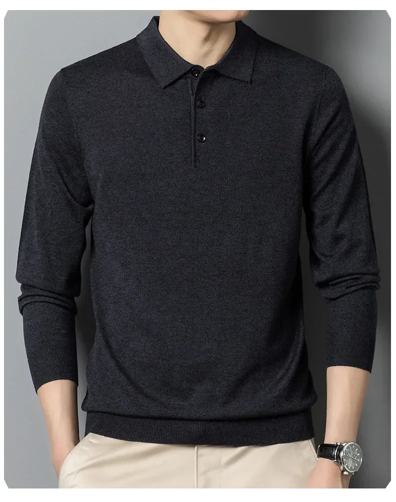 Men's Autumn Long-Sleeved Wool Blend Solid Color Polo Pullover Sweater with Lapel, Casual Bottoming Sweater -Sizes M-4XL