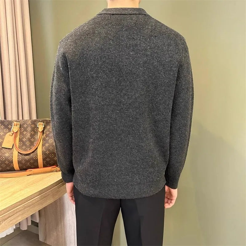 Mens Knit Sweater Autumn Winter Pullover Korean Soft Heavyweight Knit Polo Sweaters Minimalist Long Sleeve Solid Casual Top