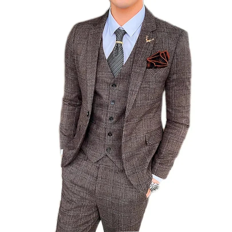 Men's Suit 3 Piece, Business Casual Jacket Vest with Trousers, Gray Dark Brown Slim Fit Suit, Asian Size M-5XL