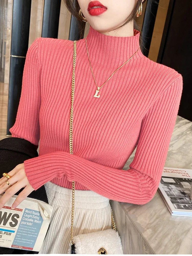2025 Women Turtlneck Sweater Long Sleeve Casual Pullovers Elegant Solid Basic Knitted Tops Korean Fashion Simple Chic Clothes