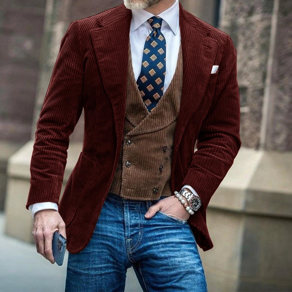 Men's Corduroy Blazer Jacket Beige Slim Fit Comfortable Elegant Business Casual Suit Coat with Large Pockets Stylish Formal Mens