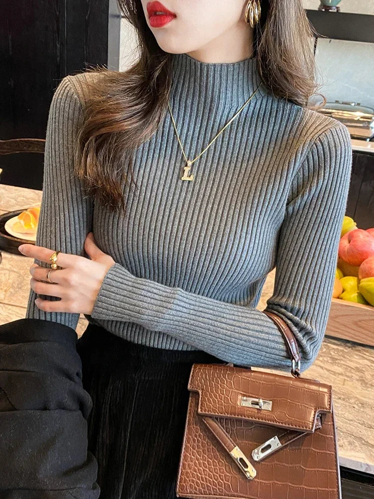 2025 Women Turtlneck Sweater Long Sleeve Casual Pullovers Elegant Solid Basic Knitted Tops Korean Fashion Simple Chic Clothes