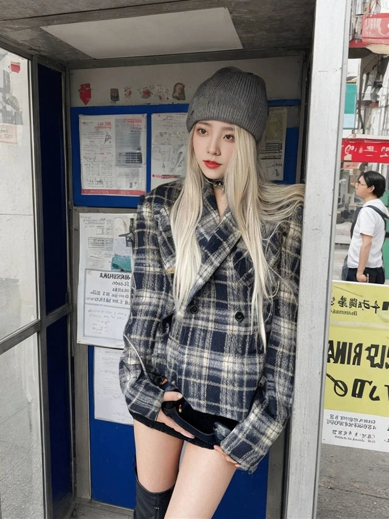 Women Vintage Plaid Blazers Long Sleeve Button Slim Fit Office Lady Suit Jacket American Retro Streetwear Casual Woolen Coats