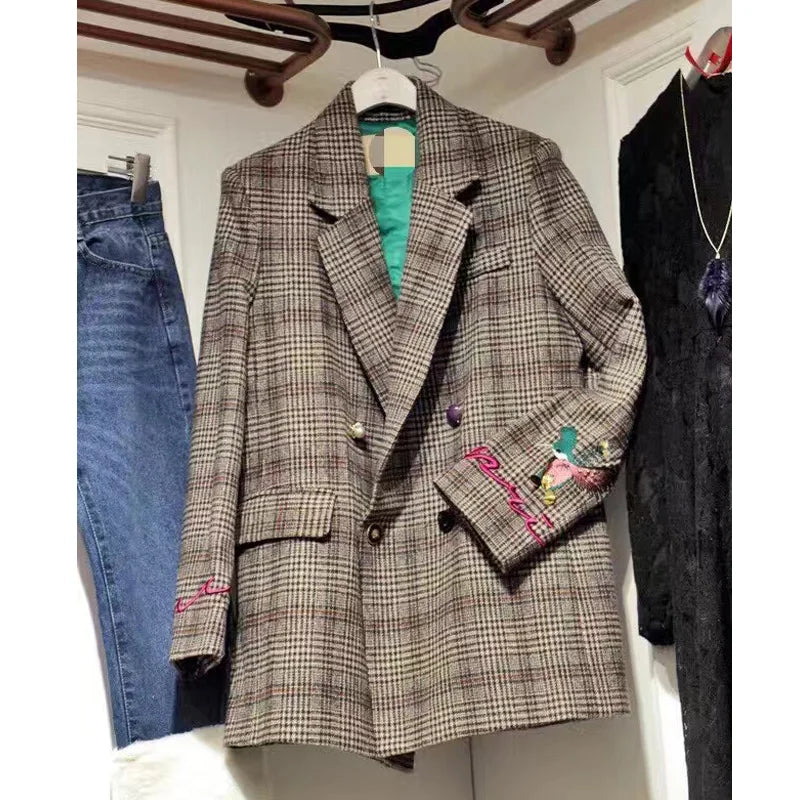 Retro Houndstooth Flower Embroidery Blazers Lapel Plaid Jacket OL Long Coat Woman Suits Loose Double-breasted Cardigan Tops