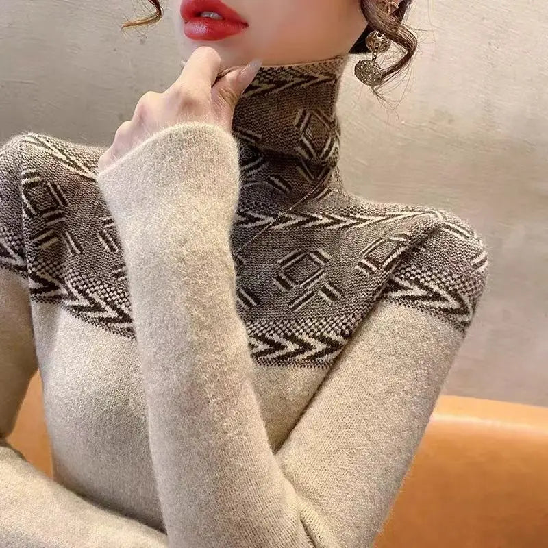 Winter Clothes Women Korean Fashion Luxury High Collar Basic Knitted Sweater Elegant Chic Long Sleeve Slim Pullover Tops Jumpers