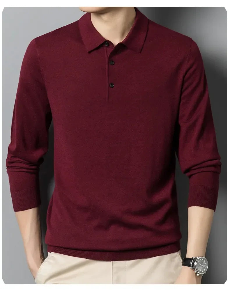 Men's Autumn Long-Sleeved Wool Blend Solid Color Polo Pullover Sweater with Lapel, Casual Bottoming Sweater -Sizes M-4XL