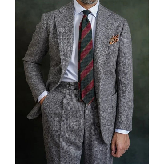 Herringbone Suit Regular Suit with Vintage Notch Lapel Two-piece Groom Suit High-quality Wedding Art Coarse Woolen Fabrics