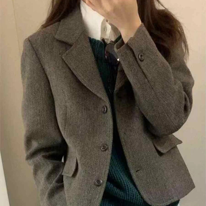 Korean Vintage Cropped Blazers Women Button Long Sleeve Elegant Office Lady Suit Jacket Female Solid Simple Casual Retro Outwear