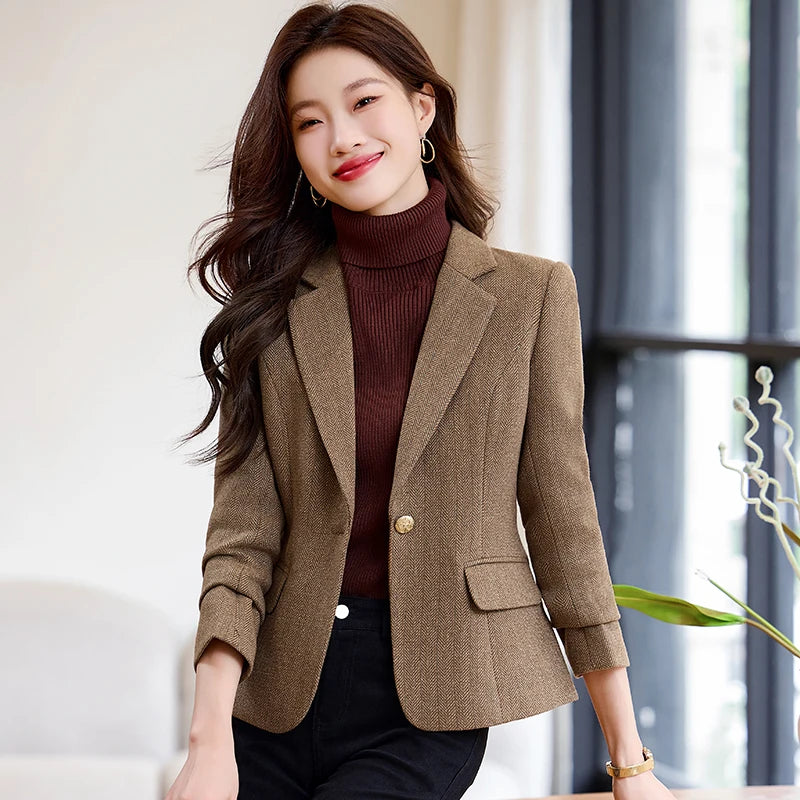 NAVIU Fashion Women Blazer Ladiess Gray Brown Wool Solid Long Sleeve Female Business Work Wear Slim Formal Jacket For Spring