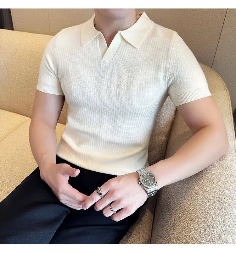 Men's Slim Fit Polo Collar Jacquard Knit Sweater - Beige, Gray, Brown  Black, Modern Base Layer for Casual & Formal Wear T-shirt