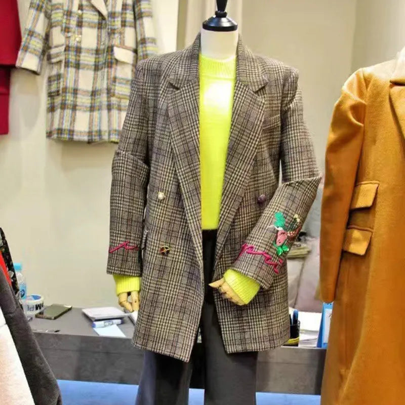 Retro Houndstooth Flower Embroidery Blazers Lapel Plaid Jacket OL Long Coat Woman Suits Loose Double-breasted Cardigan Tops