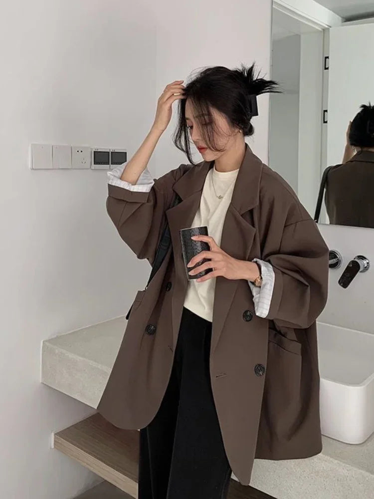 2025Autumn new vintage solid loose women suit  blazer  chic double breasted womenlong sleeve suit jackets clothes
