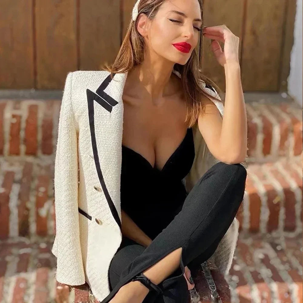 women's versatile lapel long sleeved double breasted decorative winter new slim fit suit jacket