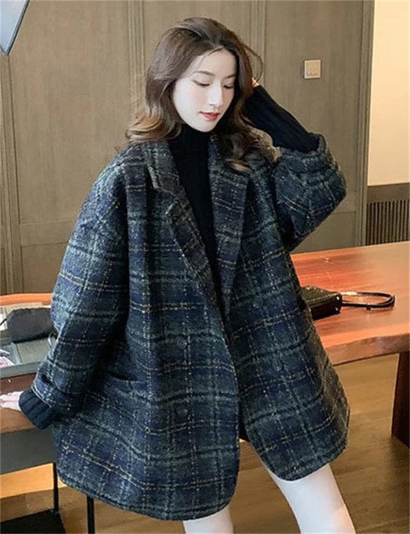 Spring Autumn Ladies Woollen Coat Korean Female Medium Long Styles Blazer Top Women Fashion Loose Plaid Wool Blend Suit Jacket