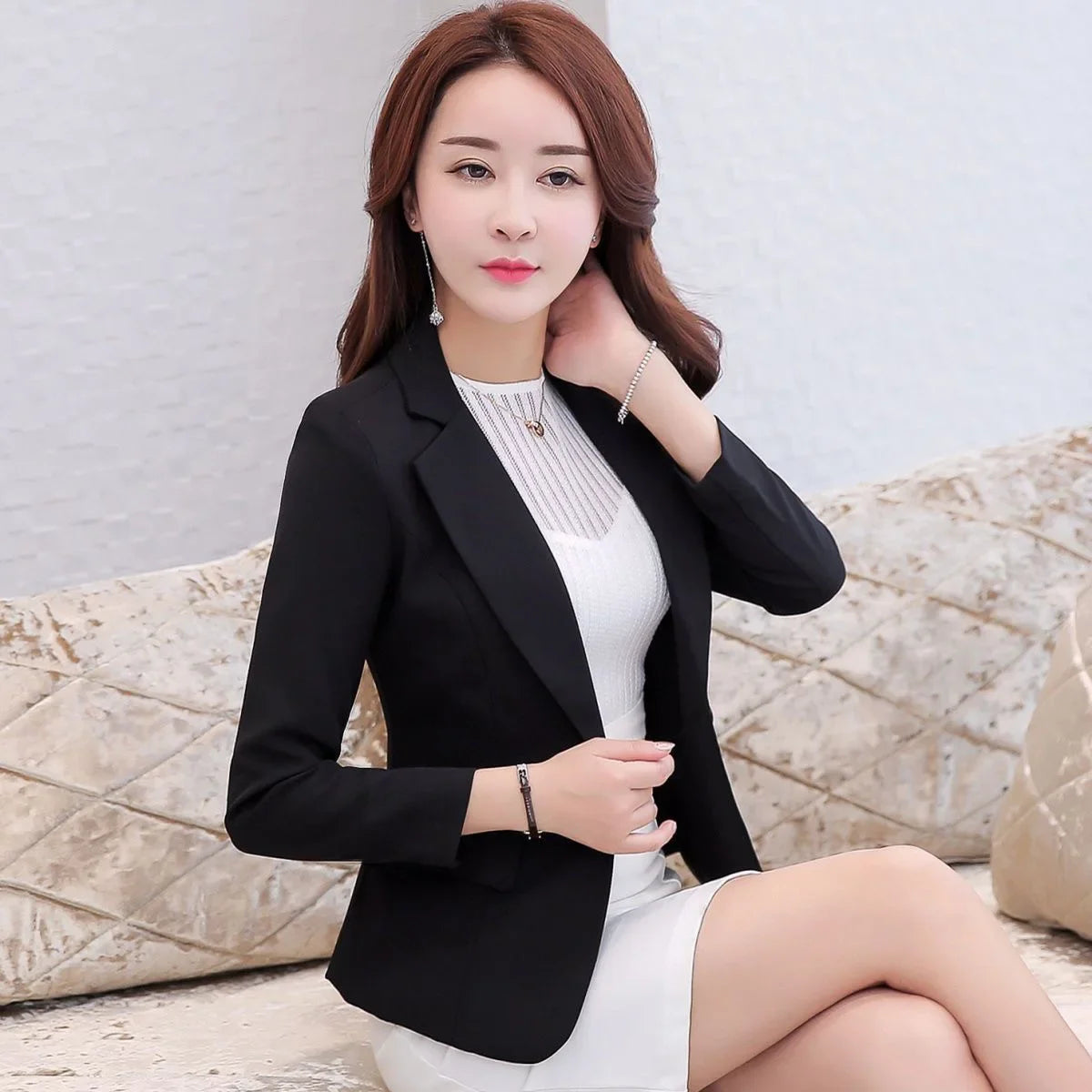Slim Fit Ladies Style Small Suit Jacket Casual Korean Version Spring Autumn Women's Fashion Polyester Fiber Full Sleeve Stand Co