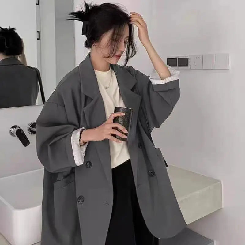 2025Autumn new vintage solid loose women suit  blazer  chic double breasted womenlong sleeve suit jackets clothes