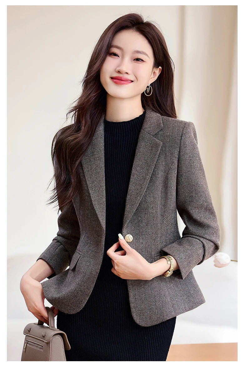 NAVIU Fashion Women Blazer Ladiess Gray Brown Wool Solid Long Sleeve Female Business Work Wear Slim Formal Jacket For Spring