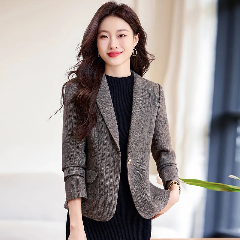 NAVIU Fashion Women Blazer Ladiess Gray Brown Wool Solid Long Sleeve Female Business Work Wear Slim Formal Jacket For Spring