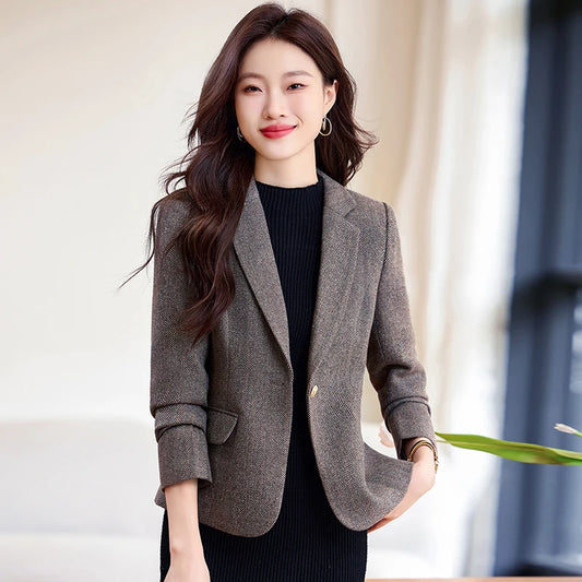 NAVIU Fashion Women Blazer Ladiess Gray Brown Wool Solid Long Sleeve Female Business Work Wear Slim Formal Jacket For Spring